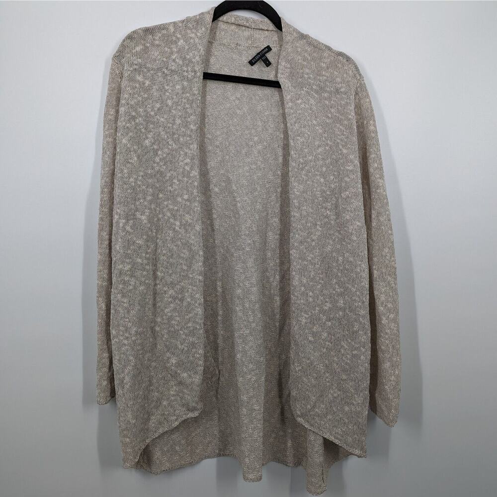 Eileen Fisher women S Tan Cotton Linen Blend Open Casual Summer Pocket Cardigan